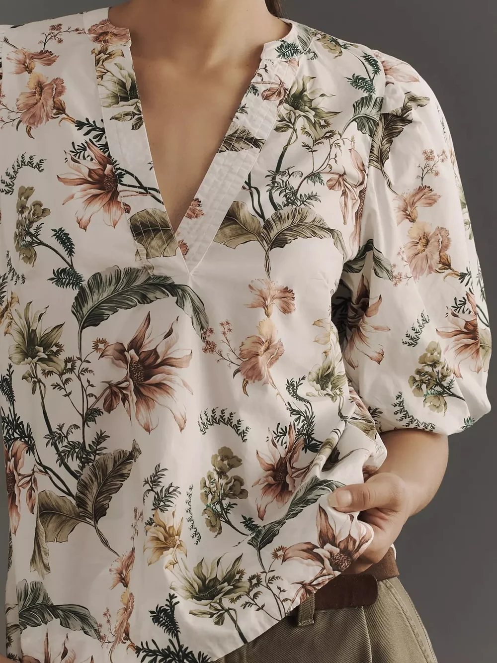 Anthropologie V-Neck Puff-Sleeve Popover Blouse